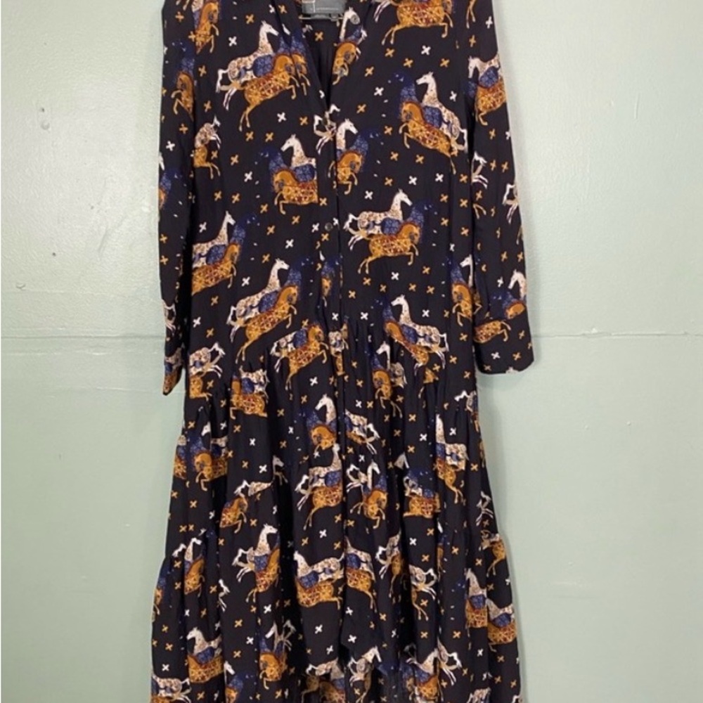 Anthropologie Women's Navy Horse-Print Tiered Midi Dress - Picture 2 of 3